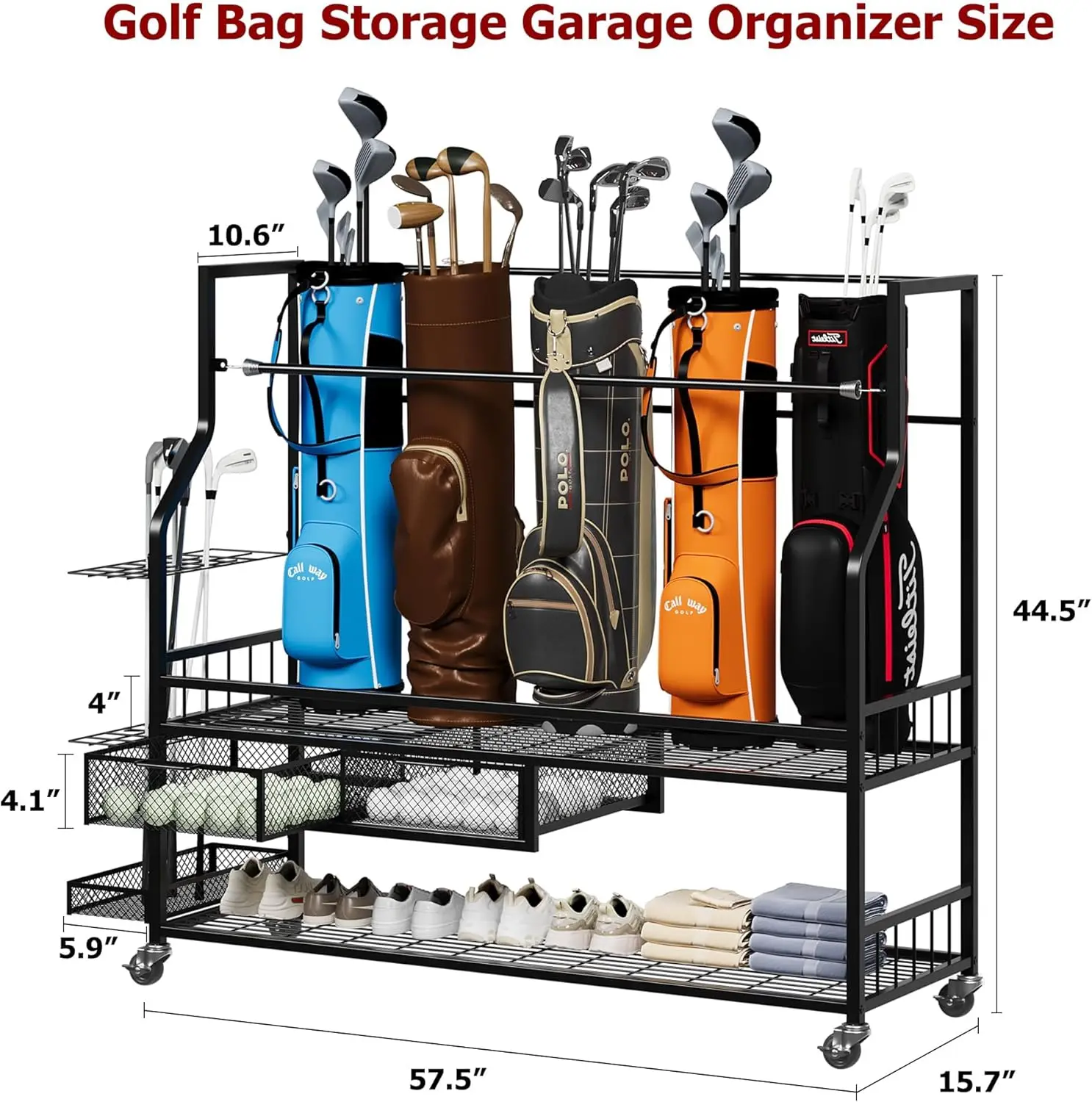 Golf Equipment Garage Organizer - Rak Penyimpanan Tas Golf Multifungsi Beroda